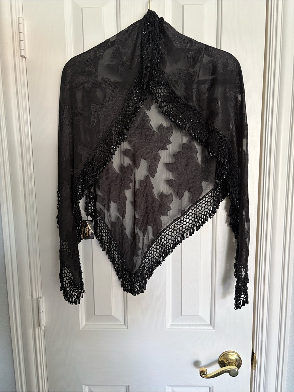 Black Devore Sheer Lace BeadedFringe Shawl or Hip Scarf